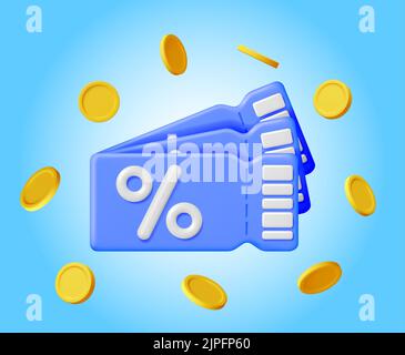 3D Coupon with Percent Symbol and Coins Stock Vector