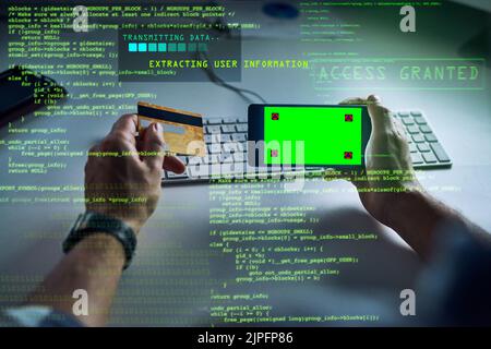 Hacking credit card with phone, green screen chromakey markers or copy space and sci fi graphic data. Cyberpunk, information technology or software Stock Photo