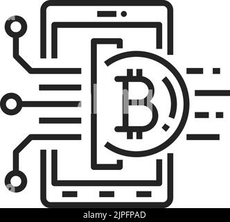 Bitcoin sign on smartphone isolated cryptocurrency transactions outline icon. Vector digital money exchange symbol, blockchain and virtual money payment, investment and trade by phone, line art Stock Vector