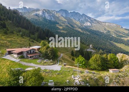 Baita Cornetto and the new bivouac, under the Presolana mountain, Castione della Presolana, Val Seriana, Bergamo district, Lombardy, Italy. Stock Photo