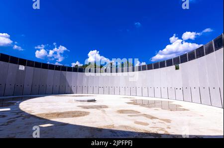 Torgelow, Germany. 16th Aug, 2022. A new large tank under construction at the future biogas plant. The plant of the company Mele Biogas, which so far consists of six storage tanks, will be expanded to double its capacity by fall 2023. According to the Mecklenburg-Vorpommern State Association for Renewable Energy, an energy volume of more than 100 million kilowatt hours per year is to be produced here and also fed into the natural gas grid. Credit: Jens Büttner/dpa/Alamy Live News Stock Photo