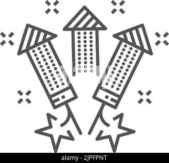 Rocket firecrackers isolated New Year and Christmas fireworks monochrome line art icon. Vector explosion crackers, Chinese festival celebration objects. Pyrotechnics, party petards, birthday crackers Stock Vector
