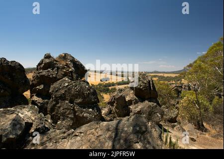 Mount Diogenes (Hanging Rock) provides lots of rocky views, of the mountain, and the surrounding countryside. The rocks are trachyte, a kind of lava. Stock Photo