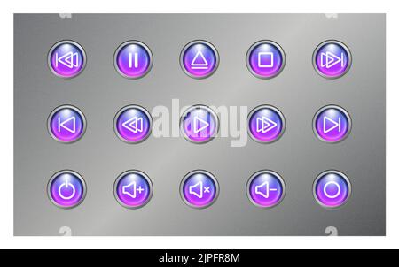 Media player button icon control set 3d realistic modern blue and purple color with silver background Stock Vector