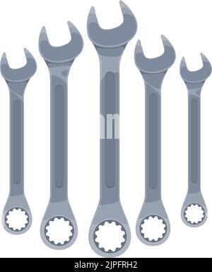 Wrenches or spanners, tools set for construction or carpentry, vector. Hardware equipment, metric combination spanners or wrenches with open and box ring ends Stock Vector