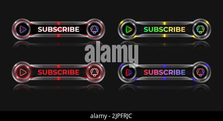 Subscribe 3d realistic metallic banner template with neon glow play button and bell icon Stock Vector