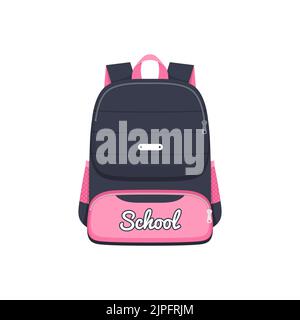 Backpack school bag, pink back pack or schoolbag, girl rucksack, vector flat icon. Isolated kids school backpack with black pockets and handle straps, travel luggage, sport and hiking carryon bag Stock Vector
