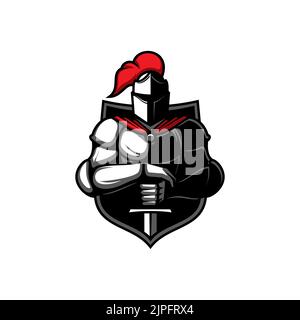 Knight with sword and shield vector icon. Medieval mascot of warrior, soldier or guard with blade in armour and cape. Heraldry symbol of royal paladin in helmet with red plumage, heraldic crusader Stock Vector