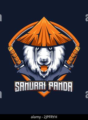Samurai Panda mascot with straw hat and sword for e-sport gaming logo vector design Stock Vector
