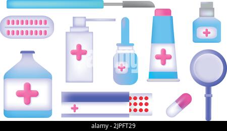 Pharmacy drug icons set 3d realistic cartoon vector. Medicine bottle Stock Vector