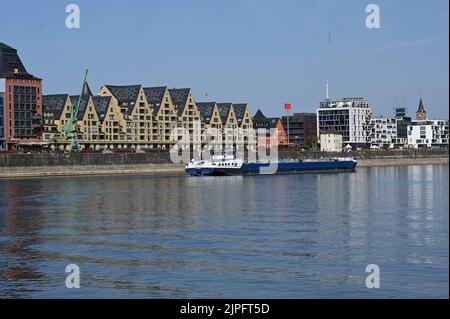 Cologne, Germany. 13th Aug, 2022. Cologne city view, The warehouses in the Rheiauhafen, Rhine with low water Credit: Horst Galuschka/dpa/Alamy Live News Stock Photo