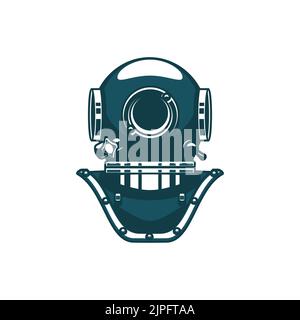 Retro diving old mask isolated icon. Vector old-fashion equipment to dive in. Copper and brass three bolt Soviet helmet. Standard free flow lightweight helmet, head protection to underwater divers Stock Vector