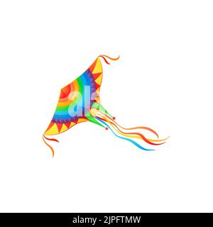 Cartoon kite isolated vector icon. Kids paper toy with bright wings and ribbons on tail. Colorful flying kite, Happy Makar Sankranty holiday symbol isolated on white background Stock Vector
