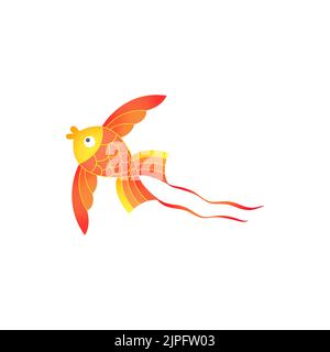 Cartoon kite in shape of gold fish, isolated vector flying kids toy with bright yellow and orange wings and ribbons on tail Indian Makar Sankranti festival objects isolated on white background Stock Vector