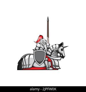 Military medieval knight in metal protection suit, helmet with red feathers, breastplate, sitting on horse isolated retro guard fighter. Vector antique crusader, italian soldier cartoon icon Stock Vector