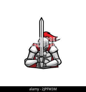 Templar in fight battle costume of italian armor, fighting sport club mascot, crusader guard isolated flat cartoon. Vector retro hero, medieval knight with sword, soldier in red cloak and feathers Stock Vector