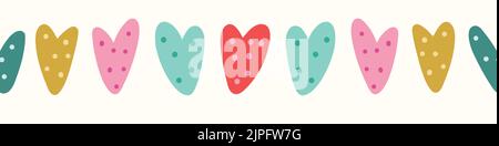 Heart background border. Cute vector seamless repeat banner of hand drawn spotted hearts.  Stock Vector