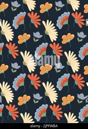 Dark vector seamless pattern with groovy flowers and stems on blue background. Flower power wallpaper. Retro hippie floral background. Nature texture Stock Vector