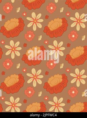 Seamless retro pattern with red groovy flowers on dark background with ditsy ornament. Hippie texture with different flowers. Vector floral Stock Vector