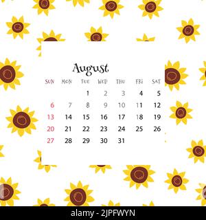 2023 Calendar for August. Vector illustration of month calendar on seamless pattern with sunflowers in cartoon flat style. Colorful backgroud with Stock Vector
