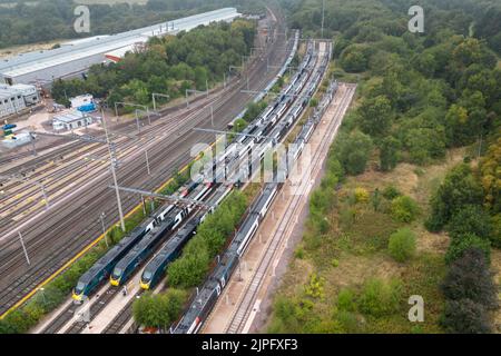 Oxley, Wolverhampton August 18th 2022 - Parked and unused Avanti West Coast trains at the Oxley Traction and Rolling Stock Maintenance Depot near Wolverhampton as continued railway strikes hit the United Kingdom. Credit: Scott CM/Alamy Live News Stock Photo