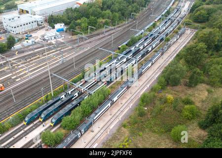 Oxley, Wolverhampton August 18th 2022 - Parked and unused Avanti West Coast trains at the Oxley Traction and Rolling Stock Maintenance Depot near Wolverhampton as continued railway strikes hit the United Kingdom. Credit: Scott CM/Alamy Live News Stock Photo