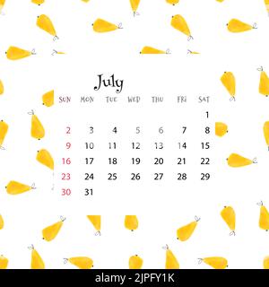 2023 Calendar for July. Vector illustration of month calendar on seamless pattern with pears in cartoon flat style. Colorful backgroud with month grid Stock Vector