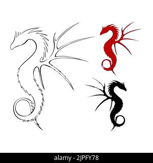 Dragon contour and silhouette dark black and red, hand drawn set art. Vector illustration Stock Vector