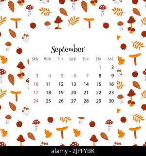 2023 Calendar for September. Vector illustration of month calendar on seamless pattern with autumn leaves and mushrooms in cartoon flat style Stock Vector