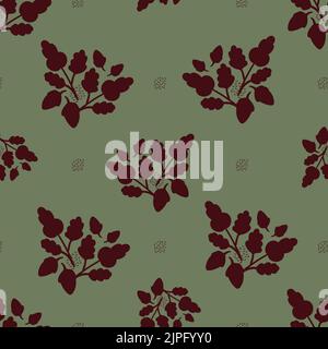 Modern oak leaf acorn vector seamless background pattern. Hand-drawn silhouettes of dark brown leaves and acorns on sage green backdrop. Earthy fall Stock Vector