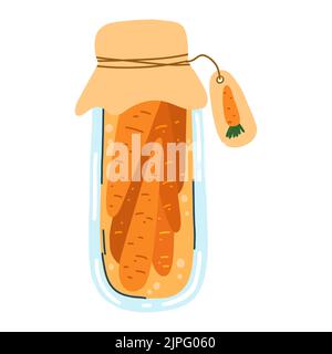 Home made carrot pickles, canned vegetables in cartoon hand drawn flat style. Vector illustration of glass jar with preserved food. Autumn harvest Stock Vector