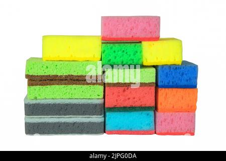 Stack of cleaning sponges isolated on a white background. Service concept and cleaning accessories. Stock Photo