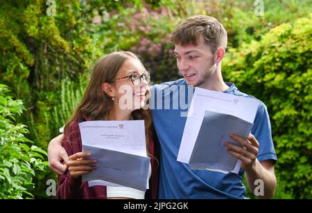 Lewes UK 18th August 2020 - Sister and brother are delighted after receiving their  A Level Results from Lewes Old Grammar School in East Sussex today.   : Credit Simon Dack / Vervate / Alamy Live News Stock Photo