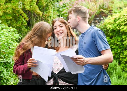 Lewes UK 18th August 2020 - Students and mum  delighted after receiving their  A Level Results from Lewes Old Grammar School in East Sussex today.    : Credit Simon Dack / Vervate / Alamy Live News Stock Photo