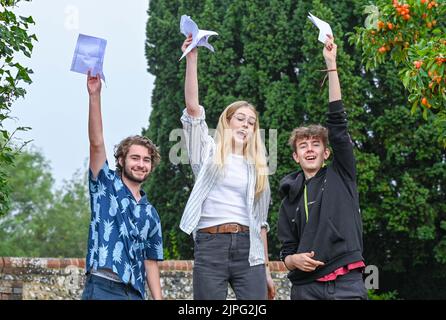 Lewes UK 18th August 2020 - Students are delighted after receiving their  A Level Results from Lewes Old Grammar School in East Sussex today . Belle will be going to Cambridge University  : Credit Simon Dack / Vervate / Alamy Live News Stock Photo