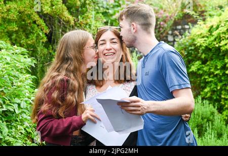 Lewes UK 18th August 2020 - Students and mum  delighted after receiving their  A Level Results from Lewes Old Grammar School in East Sussex today.    : Credit Simon Dack / Vervate / Alamy Live News Stock Photo