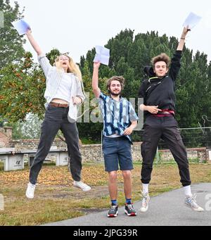 Lewes UK18th August 2020 - Students leap for joy as they are delighted after receiving their  A Level Results from Lewes Old Grammar School in East Sussex today . Belle will be going to Cambridge University  : Credit Simon Dack / Vervate / Alamy Live News Stock Photo