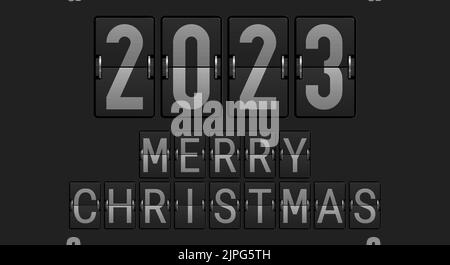Airport display font. Merry Christmas and happy New Year 2023 background. Christmas greeting card template. 3D vector illustration. Stock Vector