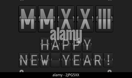 2023 written in Roman numerals. Airport display font. Merry Christmas and happy New Year background. Christmas greeting card template. Vector illustra Stock Vector