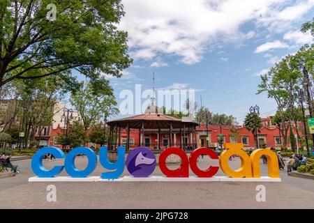 The Coyoacan sign in Plaza Jardin Hidalgo in Coyoacan, Mexico City, Mexico Stock Photo