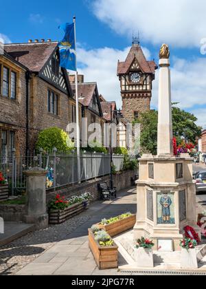 War memorial, almshouses and Barrett Browning Institute on the High Street at Ledbury Herefordshire England Stock Photo