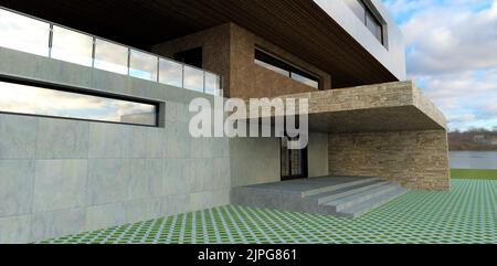 Conceptual design of the porch of a futuristic house. Sliding automatic entrance doors. Facing of a peak old slate. 3d render. Stock Photo