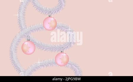 Merry Christmas and Happy New Year 2023 banner pink with tinsel and balls, glitter, sparks, shine. Vector illustration Stock Vector