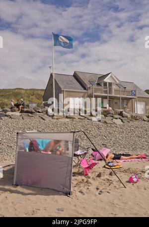 Tourists at the beach in Whitesands Bay; near St.Davids in Pembrokshire; Wales; UK Stock Photo