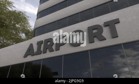 Airport sign on a modern skyscraper. Airport terminal building. 3d illustration Stock Photo