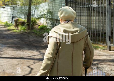 Pensioner walks down street. Grandmother in Russia. Woman with walking stick. Elderly man in town. Stock Photo