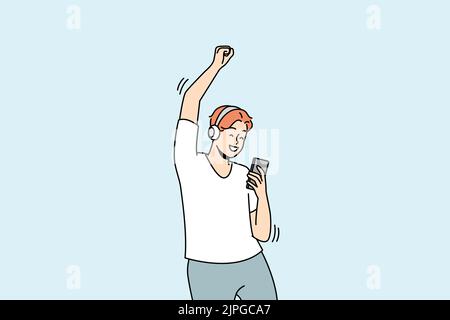 Happy man in wireless headphones dance listen to music on cellphone. Smiling guy in earphones enjoy good quality audio on smartphone. Vector illustration.  Stock Vector