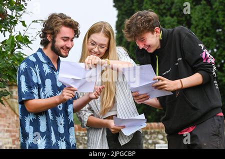 Lewes UK 18th August 2020 - Pupils are delighted after receiving their  A Level Results from Lewes Old Grammar School in East Sussex today .   : Credit Simon Dack / Vervate / Alamy Live News Stock Photo
