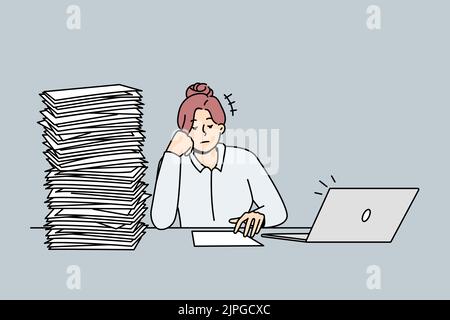 Tired unmotivated businesswoman sit at desk with pile of paperwork. Exhausted female employee overwhelmed with paper documents. Job burnout. Vector illustration.  Stock Vector