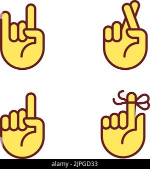 Informative hand gestures pixel perfect RGB color icons set Stock Vector